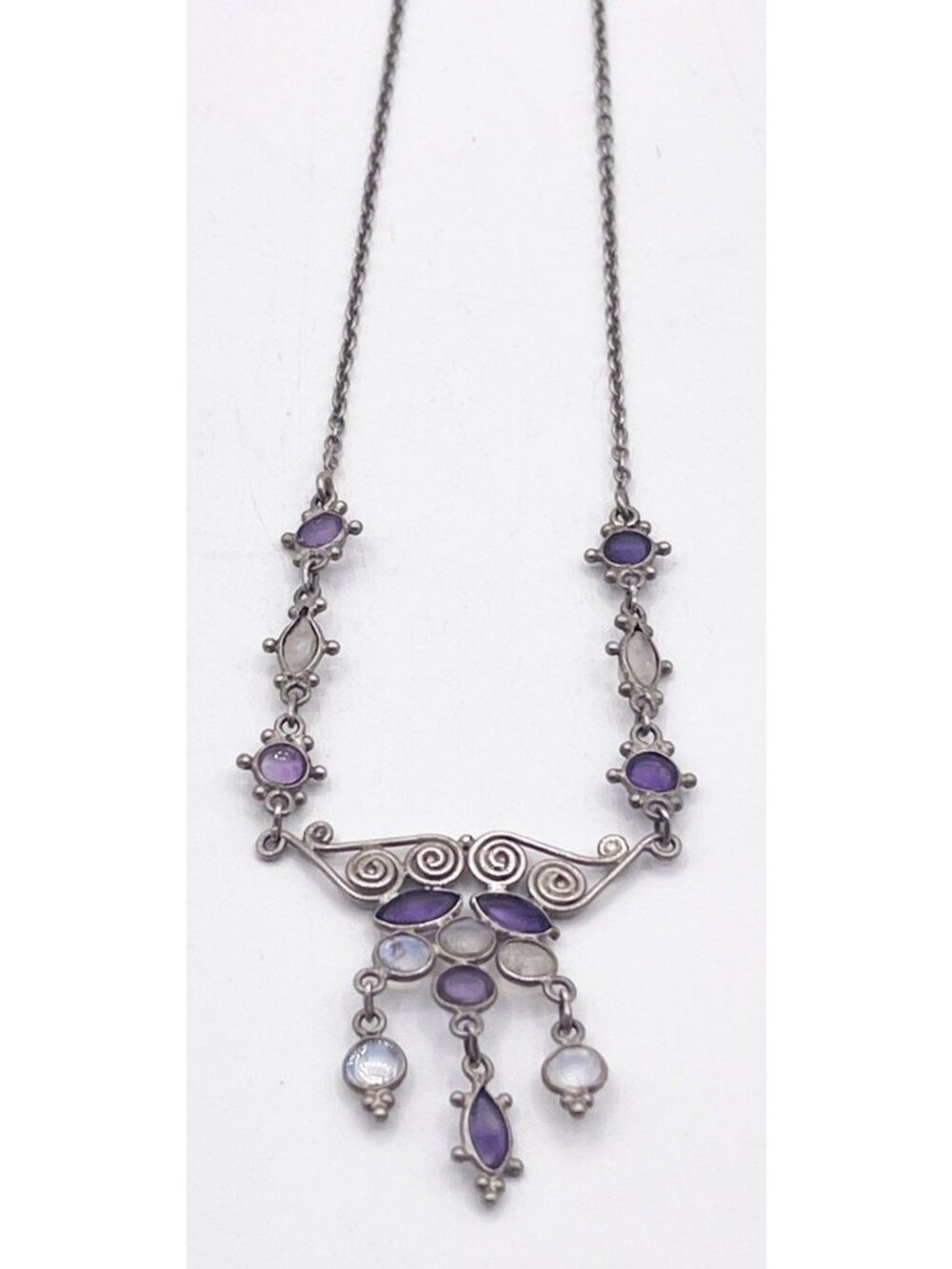 Vintage 925 Sterling Silver Amethyst  & Moonstone Necklace Art Deco Retro
